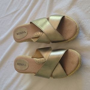 Women's size 6.5 metallic gold wedge slides